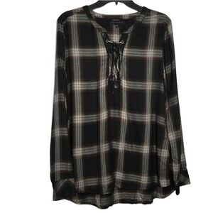 Sanctuary Womens Black Plaid Lace Up V-Neck Long Sleeve Popover Blouse M